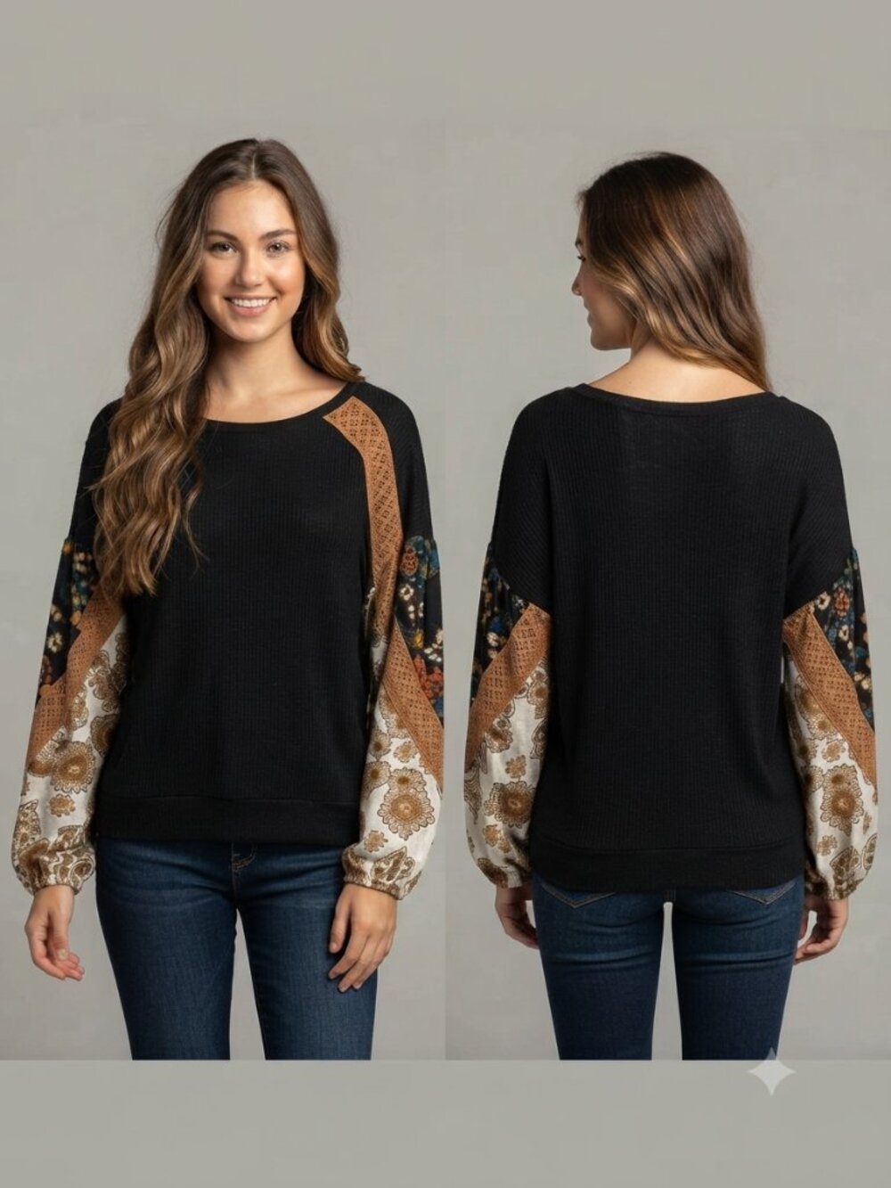 Free People Black Waffle Knit Mixed Print Balloon Sleeve Pullover Top (M/L)
